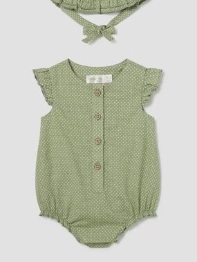 Mayoral Sage Green Polka Dot Baby Romper with Bonnet (size 4-6M)